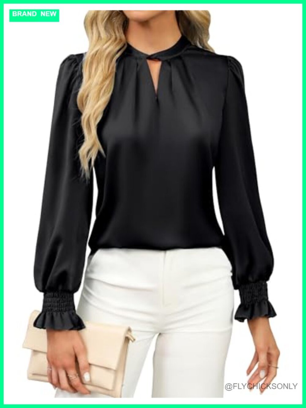 Satin Silk Blouse Long Sleeve Keyhole Pleated Business Work Top